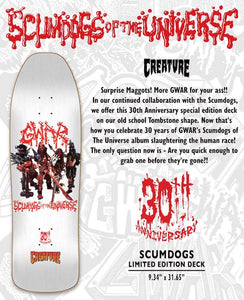 Creature Skateboards Gwar Scumdogs 30th Anniversary Skateboard Deck 9.35"