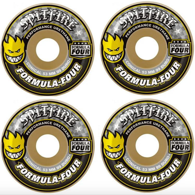Spitfire Wheels Formula Four Conical Yellow Print Skateboard Wheels 99a 52mm